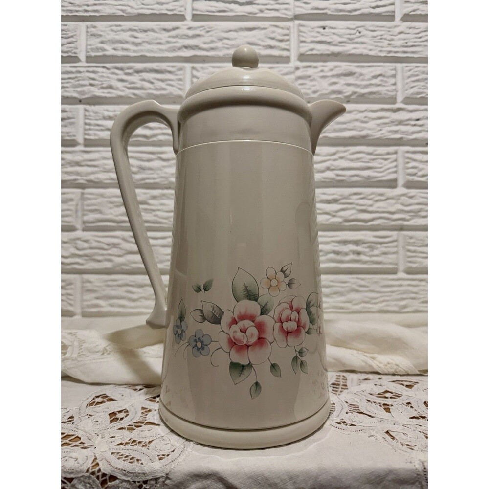 Vintage Floral Ceramic Pitcher w/ Lid Handle, 1 qt, White Pink Green